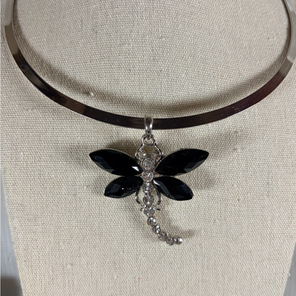 Elegant Black and Silver Dragonfly Necklace
